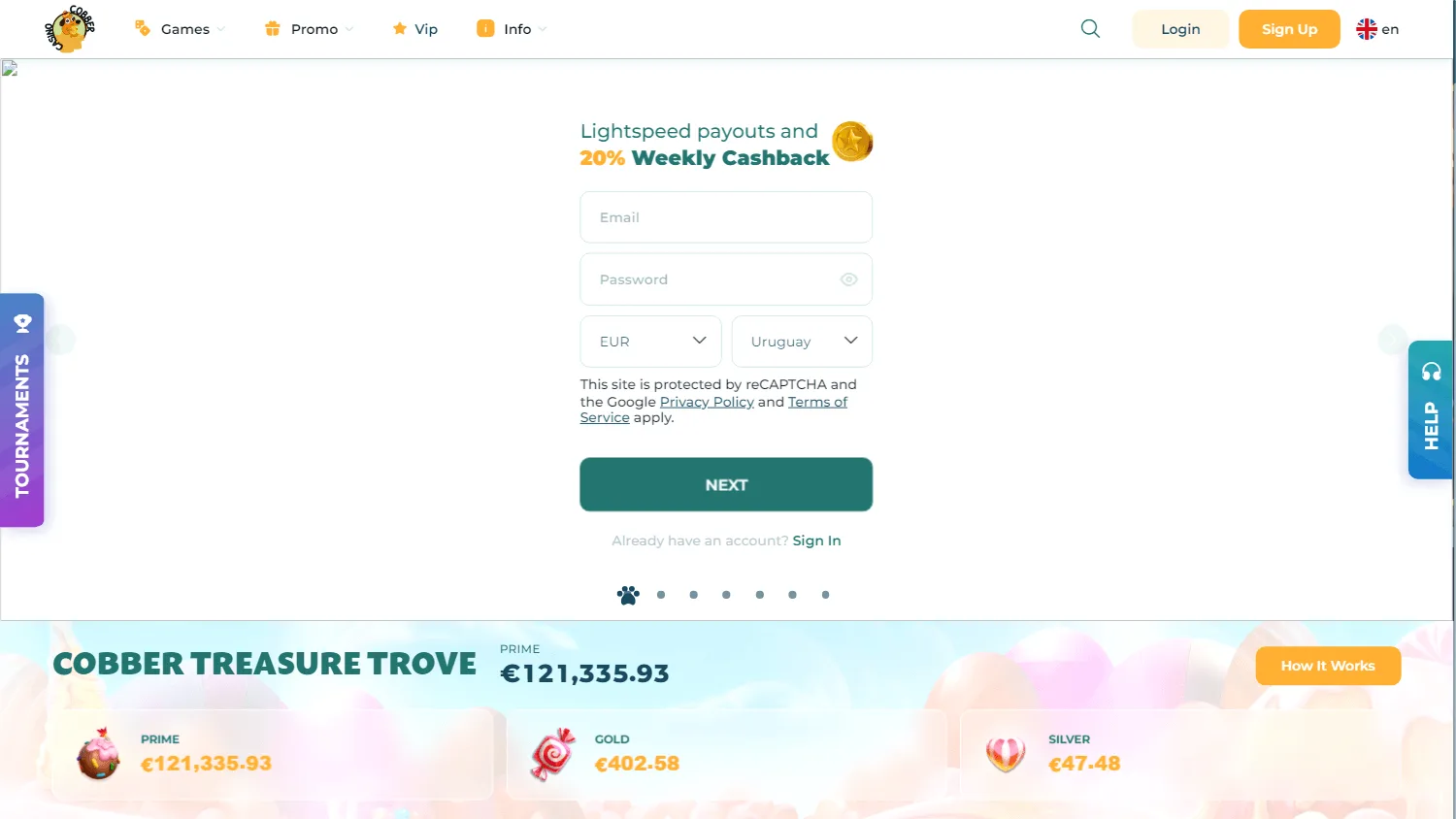 Cobber Casino home page on desktop