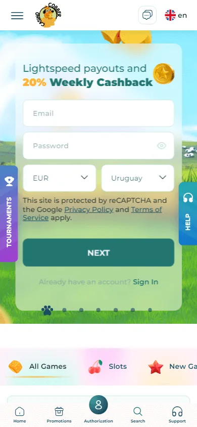 Cobber Casino games page on a mobile device