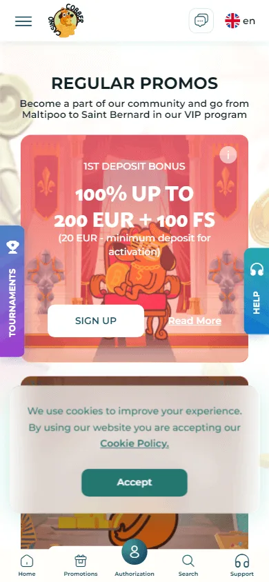 Cobber Casino promotions page on a mobile device