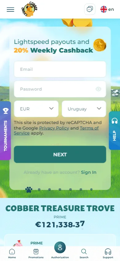 Cobber Casino home page on a mobile device